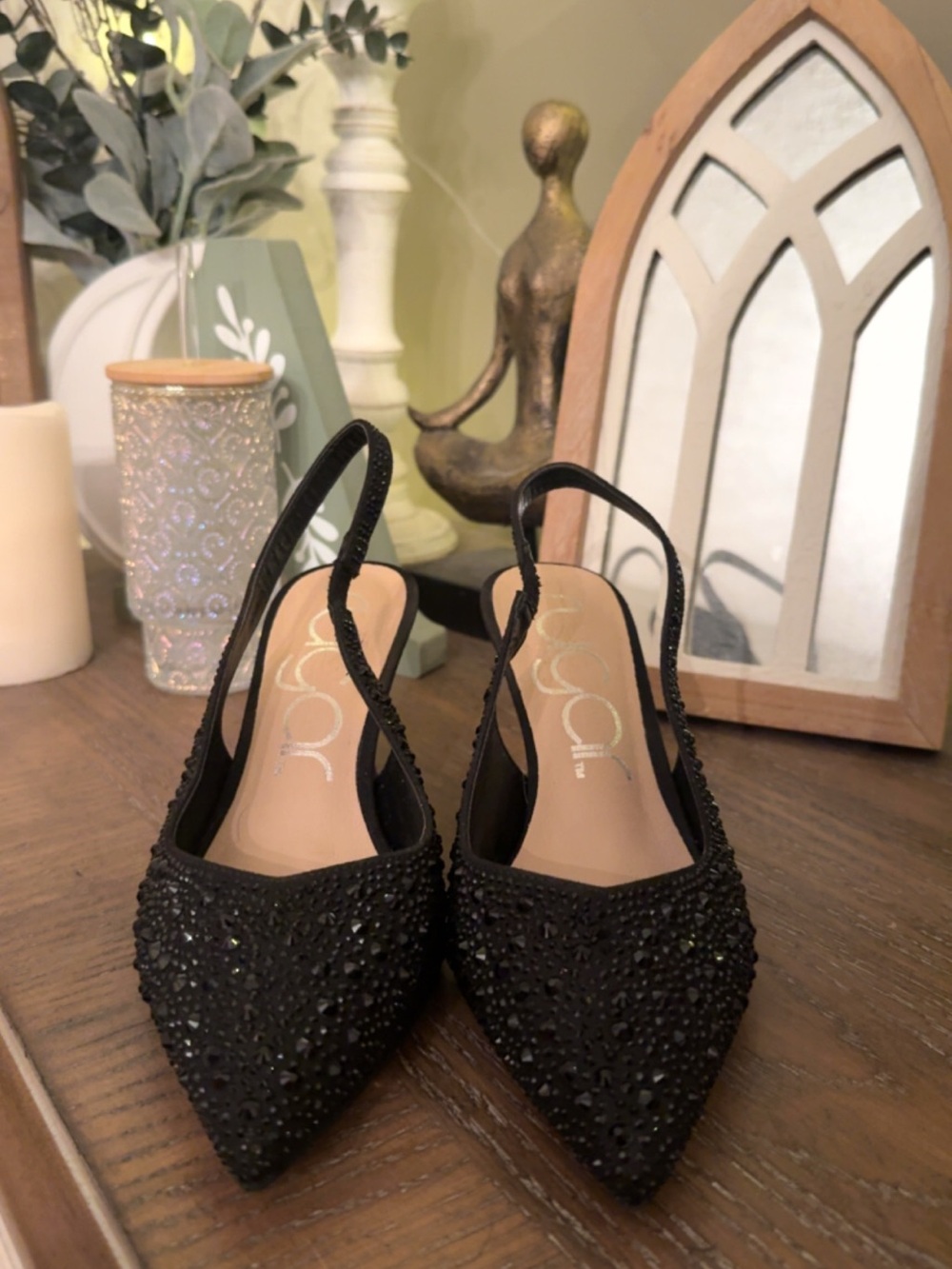 Black Embellished Slingback Pointed-Toe Pumps